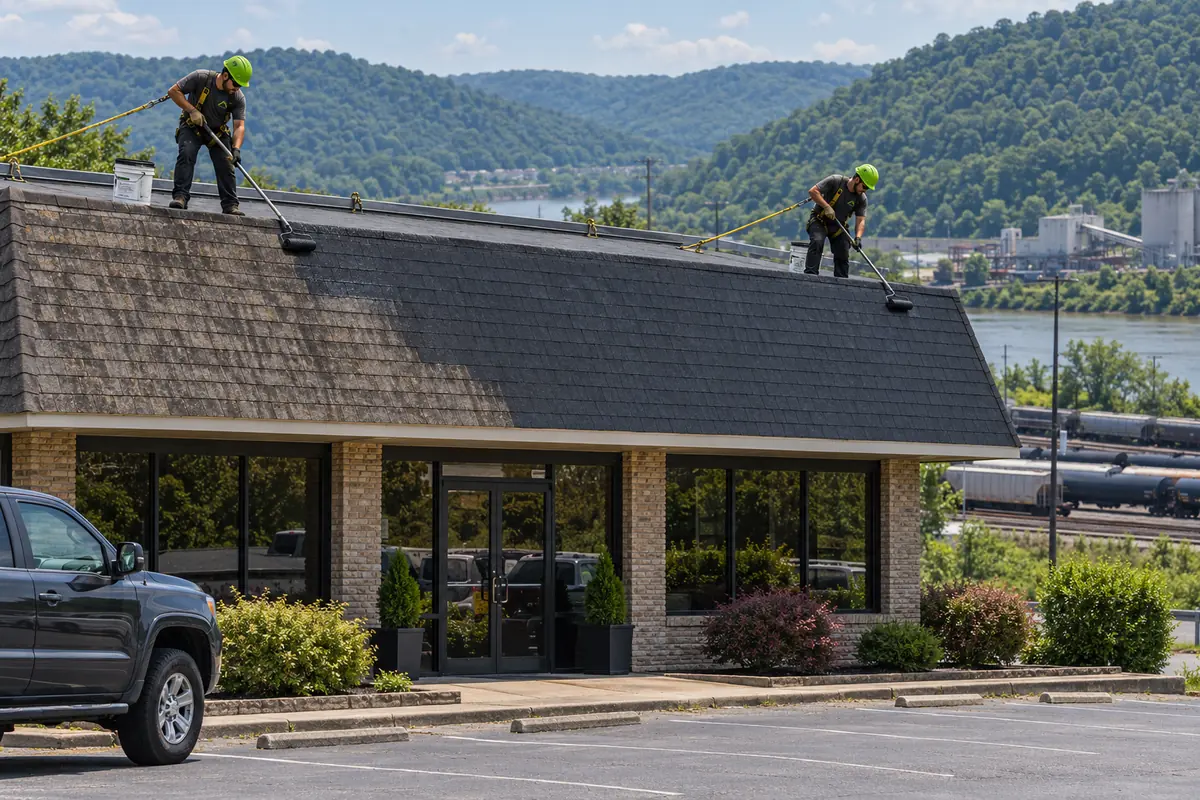 Crew working on the shingled roof of a commercial building beside the river