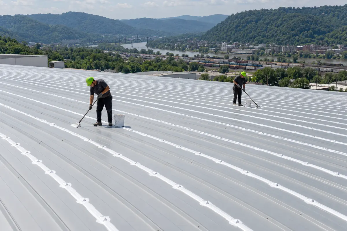 Crew sealing the seams of a white-coated metal roof on a sunny day