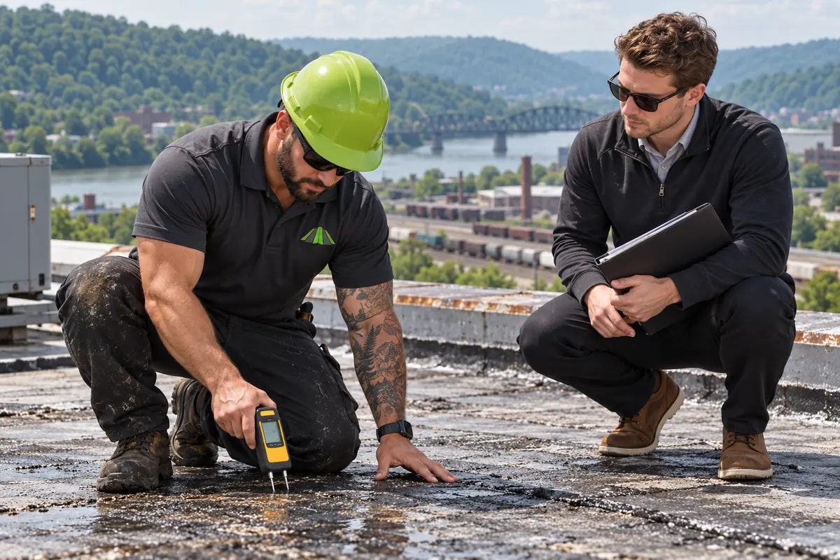 Inspector reading a moisture meter on a roof while the building manager looks on