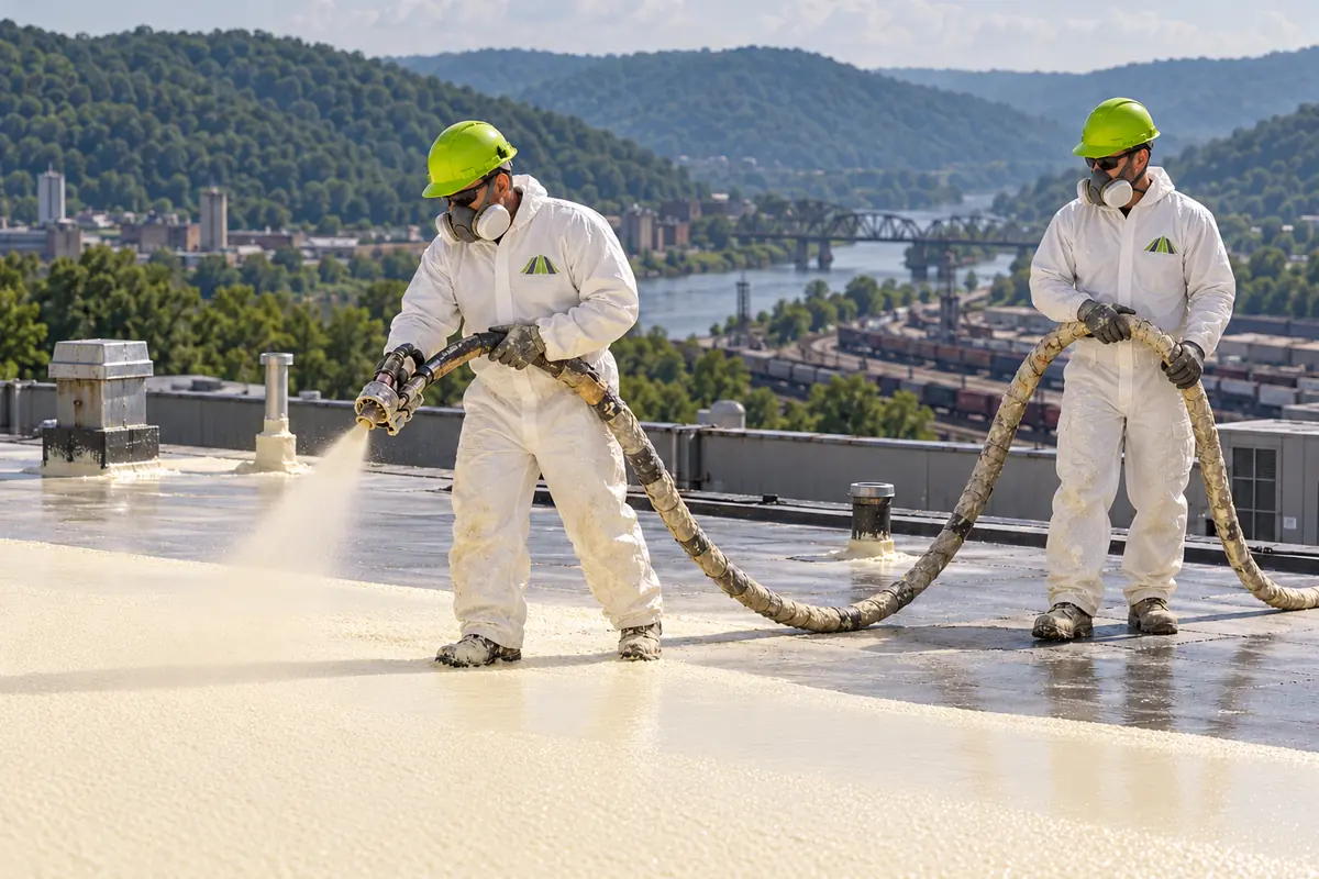 Two applicators in protective suits spraying foam across a commercial roof